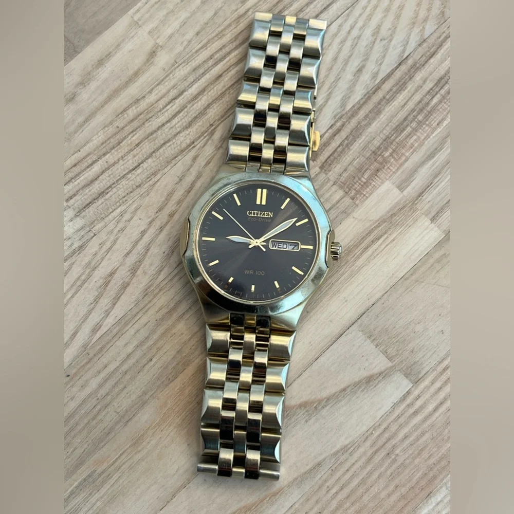 Citizen Eco-Drive Men’s Watch Dark Gray Dial Day Date Window Gold-Tone Bracelet